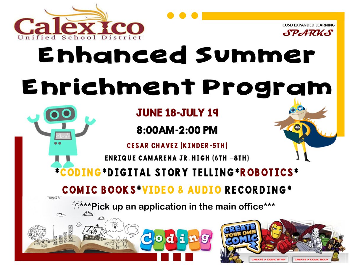 CUSDSPARKS's tweet image. Join us this summer for a fun-filled learning experience! @CalexicoUnified @CaELPrograms @lpadillajr @jesush1979 @ChristineColun2 @eramirezmiranda @ImperialCOE #summerlearning #ASES #summerlearningloss