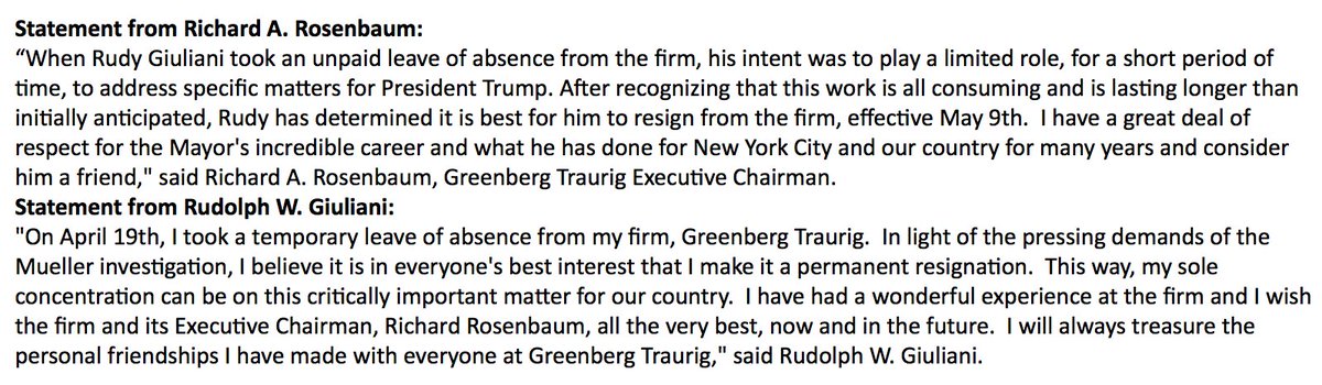 ABC's tweet image. NEW: Rudy Giuliani resigns from law firm after taking role on Pres. Trump's legal team.

"In light of the pressing demands of the Mueller investigation, I believe it is in everyone's best interest that I make it a permanent resignation," he says. abcn.ws/2KQ3mCs