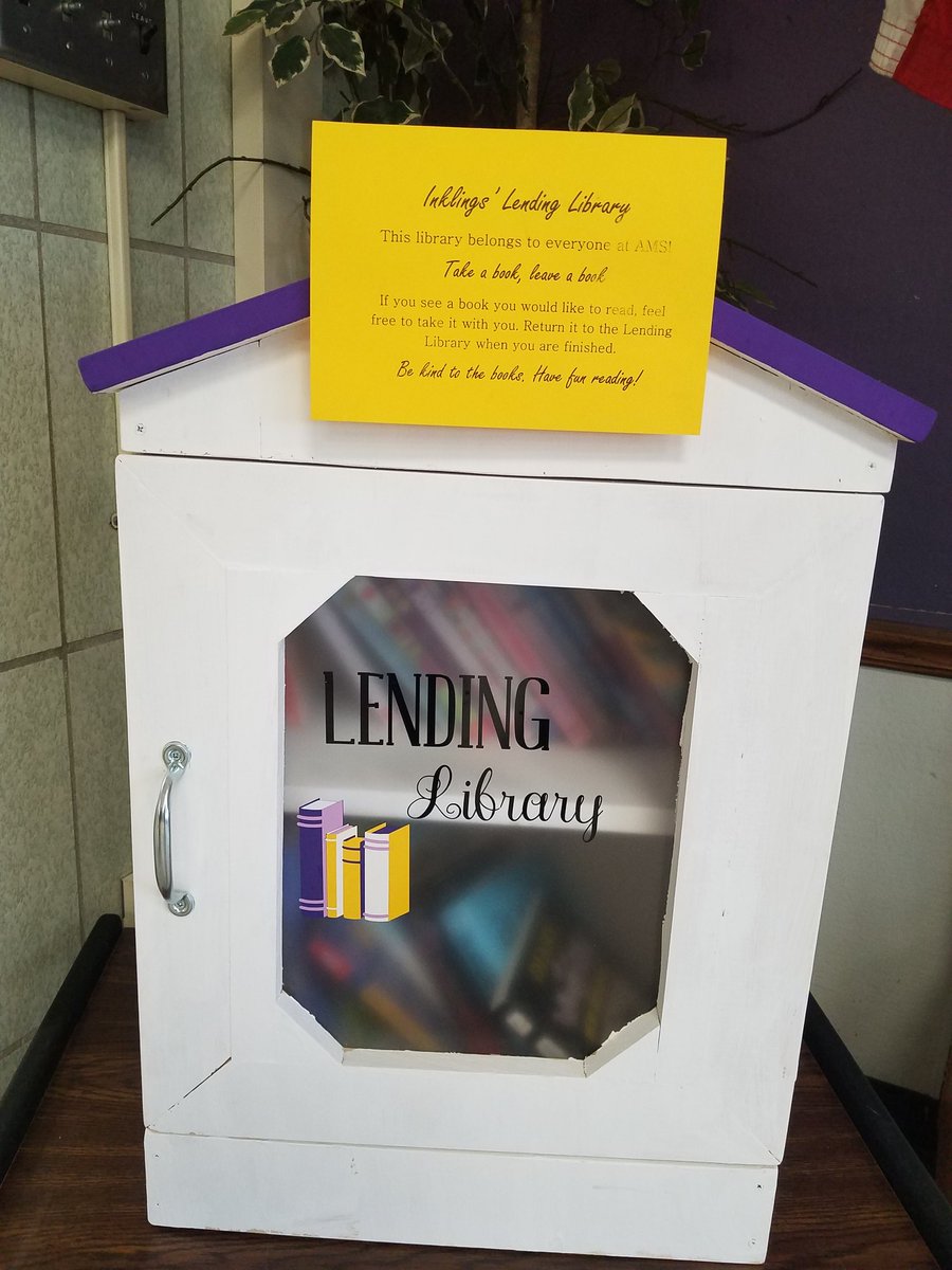 arbutuslibrary's tweet photo. Thank you to Mrs. Jackson, Mrs. McCoy, and the entire AMS Inklings book club.  The addition of the Free Little Lending Library in the front lobby is another example of how the AMS community supports our focus on reading and literacy. #bcpslms https://t.co/si9Bv7OzQx