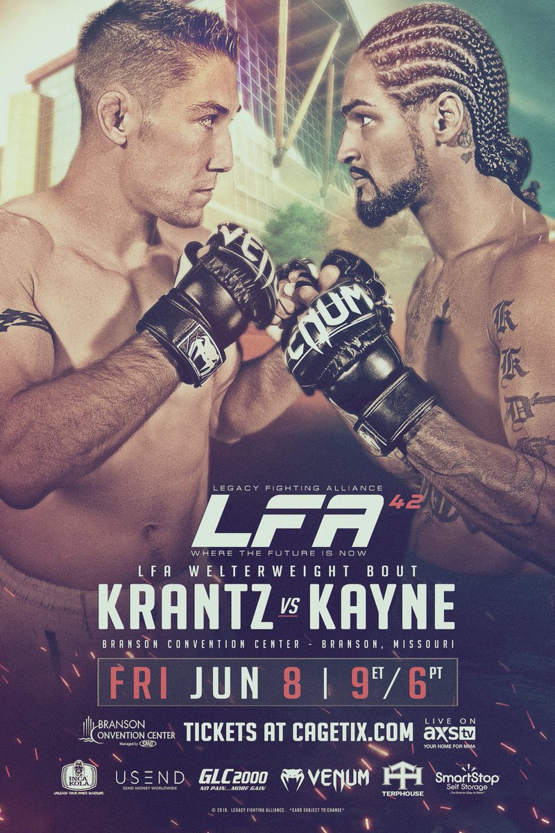 LFAfighting's tweet image. .@LFAfighting returns to #Branson, #Missouri with #Welterweight War at #LFA42

Former LFA Welterweight Champion
@DRockKrantzMMA
vs.
Knockout Artist
@05Kayne

Friday, June 8th

🎟 TICKETS: bit.ly/LFA42

LFAfighting.com/lfa-returns-to…

#MMA
#LFANation
@BransonCC
@AXSTVFights