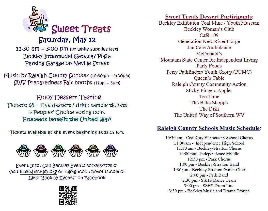 BeckleyWVEvents's tweet photo. Sweetest event ever scheduled this Sat May 12 #BeckleyWV Sweet Treats Fest / Raleigh Co Schools Day of Arts / Southern #WV Preparedness Fair, Same Time Same Place, Downtown Beckley #VisitWV  https://t.co/ZUB9BdErMe #GoToWV #Rhododendron https://t.co/9ABQNhb5yU