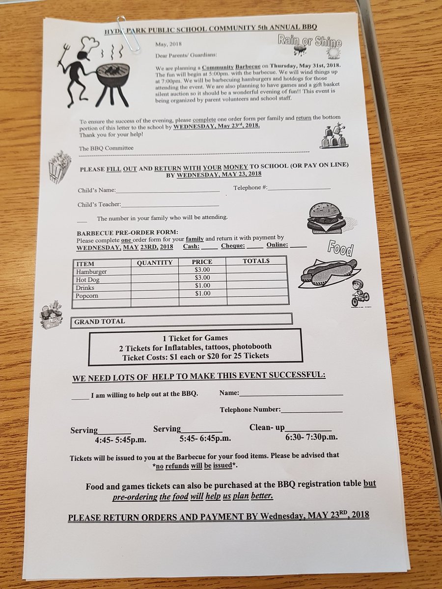 MsLKernen's tweet photo. The Hyde Park school BBQ will be on Thursday, May 31 from 5:00-7:00 pm. Today BBQ pre-order forms were sent home with youngest and only.  Please return by Wednesday, May 23rd. https://t.co/BOZEspDoel