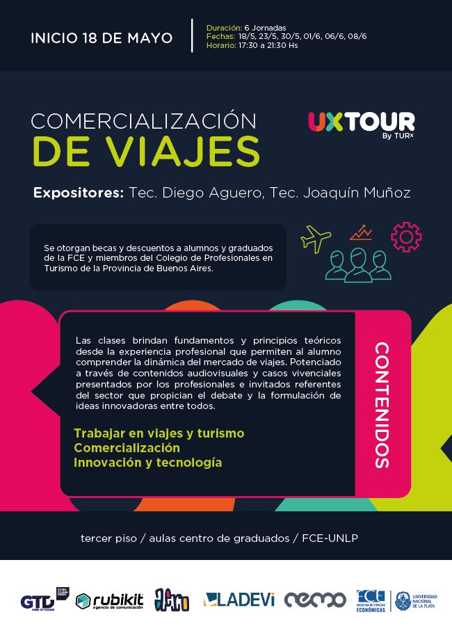 UXTour's tweet image. El primer curso #UXTour sobre Comercialización de Viajes lo encontrás en @economicas_unlp, organizado por @graduadosecono1 
📚📌Fecha de inicio: 18 de mayo. 
📩👉Inscripciones y consultas graduados@econo.unlp.edu.ar