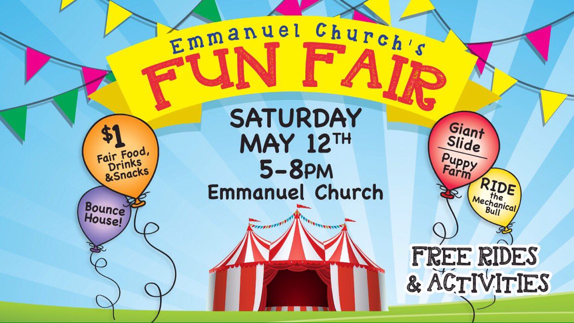ERCLosAngeles's tweet photo. FUN FAIR - THIS SATURDAY! 
Emmanuel's parking lot will be filled with fair games, delicious food &amp; snacks, family-friendly activities, a puppy-petting station, live music, obstacle course, &amp; more! 
Rides &amp; activities are FREE this year! 
#funfair https://t.co/7p9g7vswvw