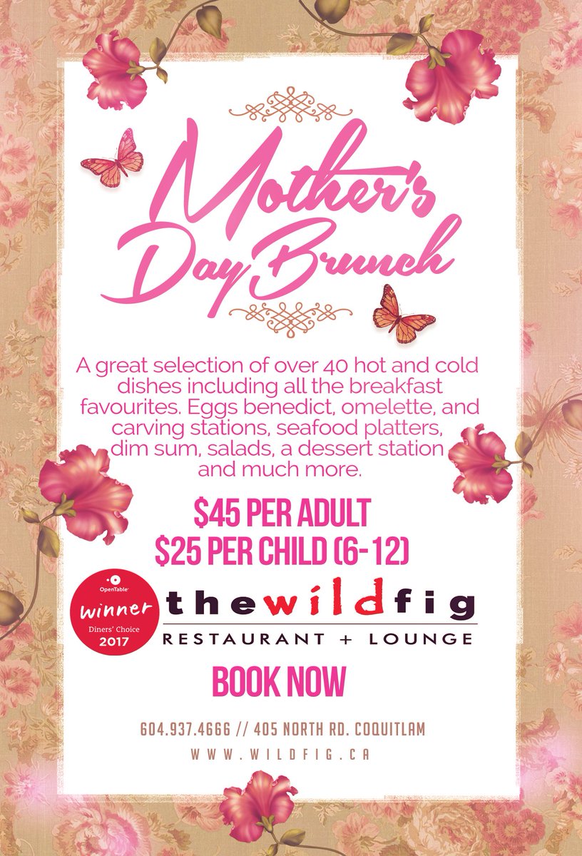 Join us this Mother's Day on May 13th and treat the most important woman in your life with a delicious Mother's Day Brunch!

$45.00 per adult
$25.00 per child ages 6 – 12

Brunch is at 10, 12 and 2PM

Call (604)937-4666 to reserve your spot today!