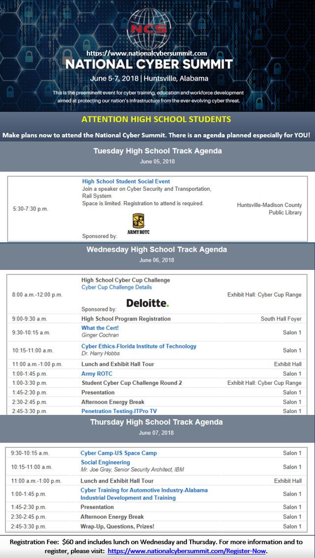 Alabama State Department of Education (@alabamaachieves) on Twitter photo "SEE YOU AT THE NATIONAL CYBER SUMMIT in Huntsville – June 5-7th"
<a href="/NatlCyberSummit/">NationalCyberSummit</a> is an important training and educational event focusing on protecting our infrastructure from harmful cyber threats.
More details available at: buff.ly/2G2pmWV.
buff.ly/2KcENhE "SEE YOU AT THE NATIONAL CYBER SUMMIT in Huntsville – June 5-7th"
<a href="/NatlCyberSummit/">NationalCyberSummit</a> is an important training and educational event focusing on protecting our infrastructure from harmful cyber threats.
More details available at: buff.ly/2G2pmWV.
buff.ly/2KcENhE