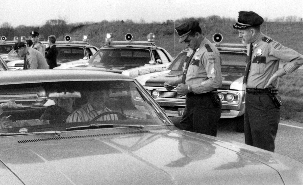 TNHighwayPatrol's tweet photo. It is #TBT, this picture is of Sergeant McCord &amp; Captain Butler as they held a roadblock (checkpoint). The location is unknown. The year was 1972. https://t.co/kJIOJkDVBQ