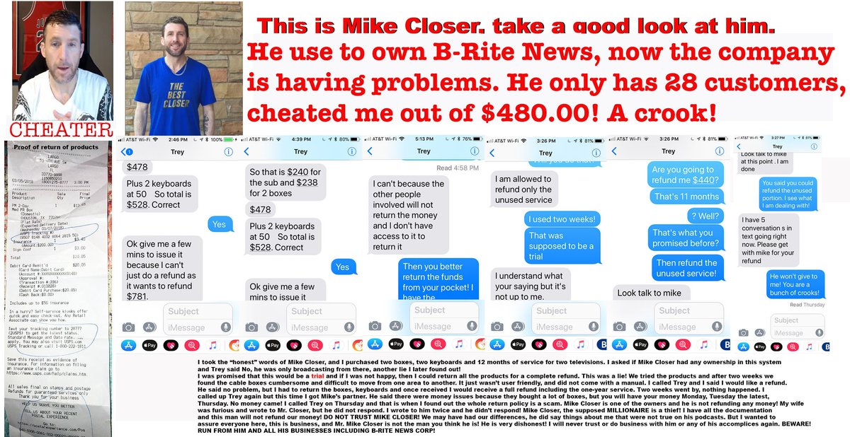 blueslade10's tweet photo. @CloserNation @MAGA @Joy_Villa @SusanKnowles @Blueroomradio Have you ever asked a simple question; WHY HASN'T MIKE CLOSER RETURNED ME THE MONEY! Is he a THIEF OR A FRAUD? IT'S ONLY $480.00! WHAT THE HELL IS WRONG WITH THIS small, petty man!!! https://t.co/8oCSlthi2p