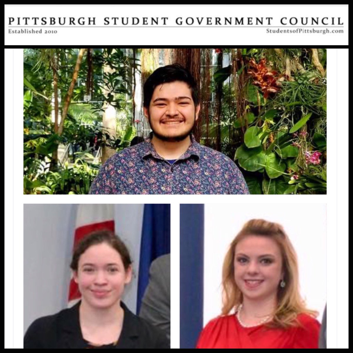 studentsofpgh's tweet photo. Congrats to the 2018-2019 PSGC executive board. We're confident that you all will continue the council’s legacy.

President Elect: Fernando Soriano of Chatham University
Chair of Public Relations: Sarah Pesi of CMU
 Chair of Internal Communications: Ciara Bartic of Duquesne https://t.co/CxorspjBao
