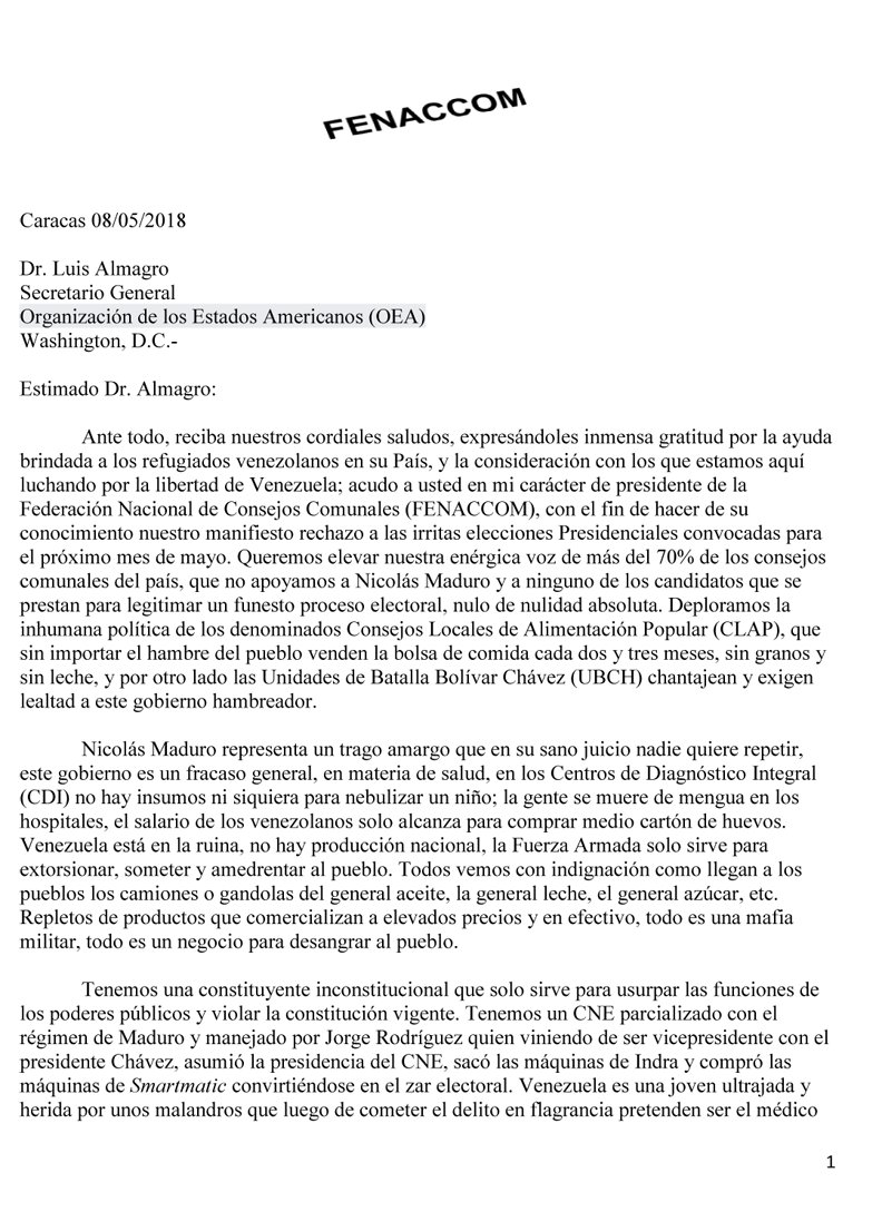 Almagro_OEA2015's tweet photo. Acusamos recibo y analizaremos documento entregado x la Federación de Consejos Comunales (FENACCOM) de Venezuela, en el q piden abrir canal humanitario xa auxiliar a la población, q incluya envío d barcos d países de la región a puertos venezolanos con comida/medicina #OEAconVzla https://t.co/wyH57J4ruv