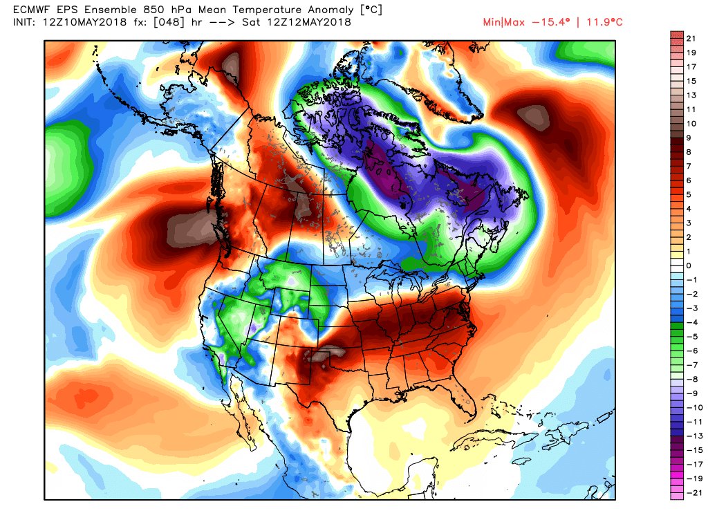 MarcWeinbergWX's tweet photo. Neither the GEFS nor EPS show a single day with below normal temperatures in the next 2 weeks. #FastForwardToSummer https://t.co/MZuXcgGmgW