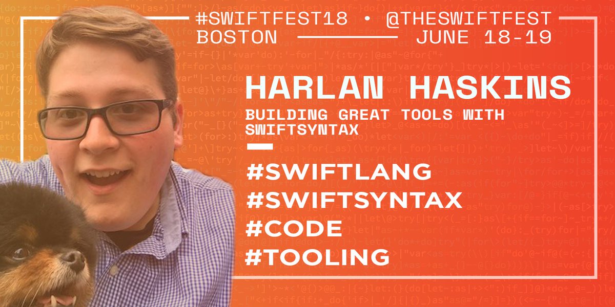 harlanhaskins's tweet photo. Super excited to announce that I’m hosting a workshop with @lexlash about Swift tools using #SwiftSyntax at #SwiftFest in Boston on June 19th! Use the discount code HARLAN-20-OFF for 20% off your ticket purchase 😁🎉 https://t.co/fPEbqldX5U
