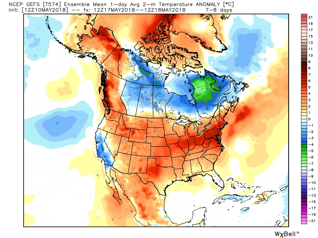 MarcWeinbergWX's tweet photo. Neither the GEFS nor EPS show a single day with below normal temperatures in the next 2 weeks. #FastForwardToSummer https://t.co/MZuXcgGmgW