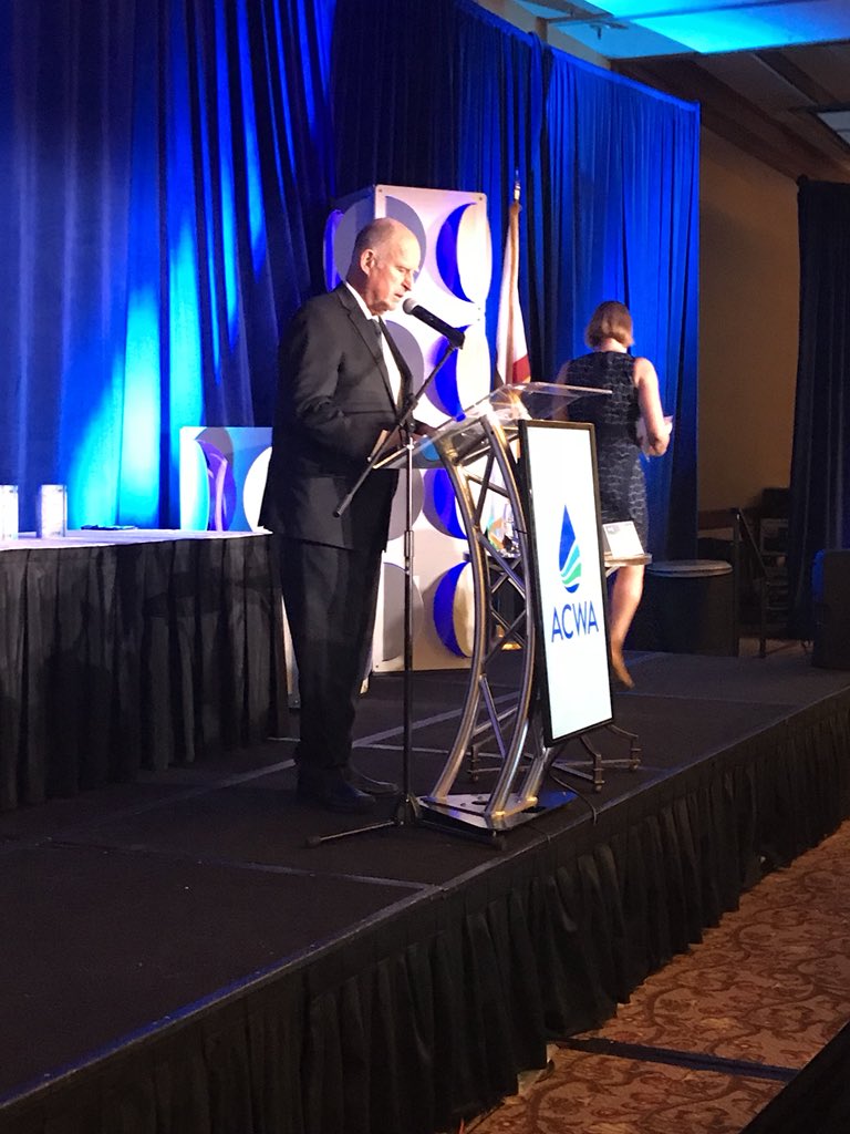 ACWAWater's tweet photo. Special guest @JerryBrownGov speaking at #ACWAConf! “There’s no one fix” referring to California’s water future and the necessity of an - all of the above approach. https://t.co/1G2IqwmaBb