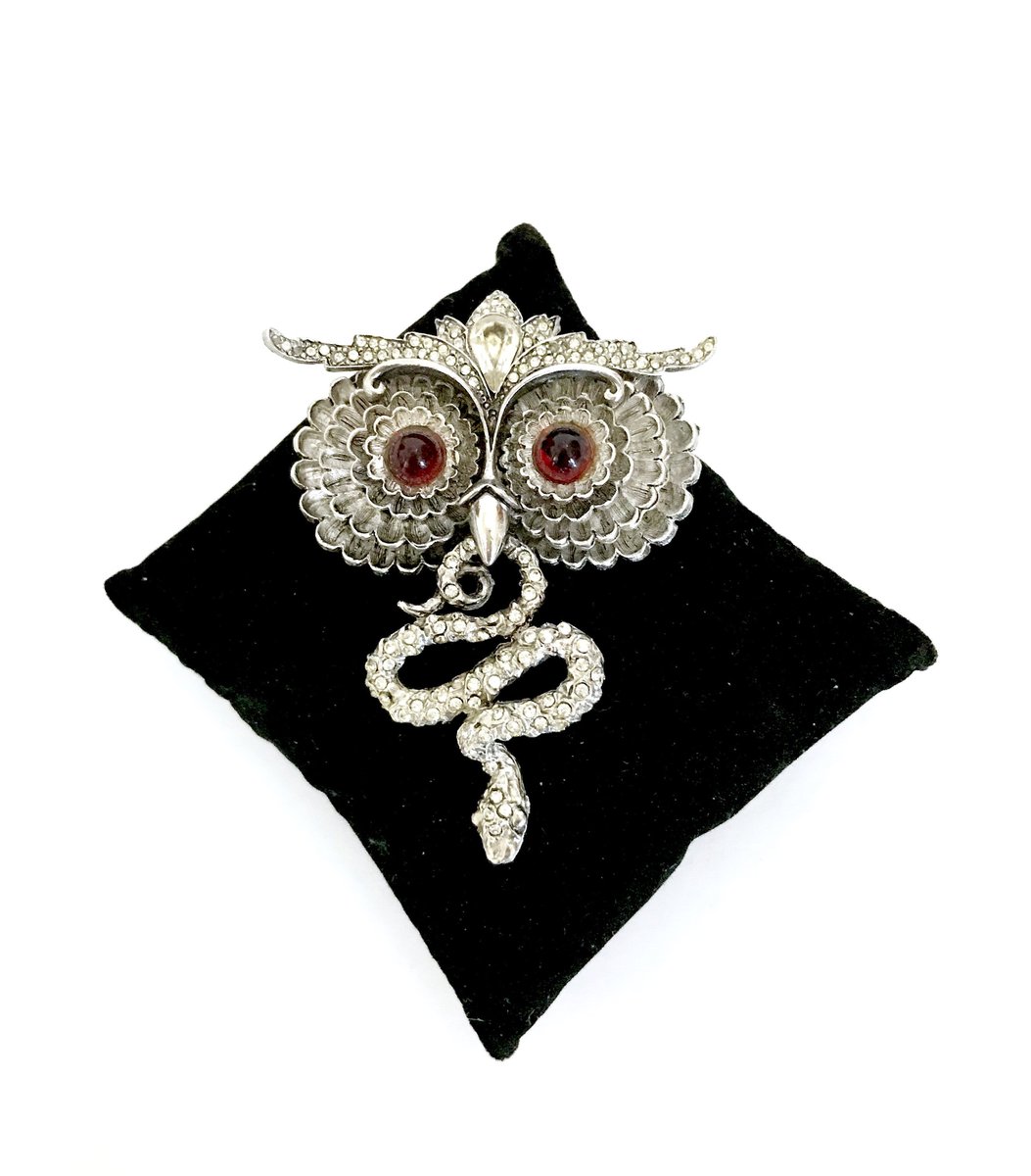 VintageImagine's tweet photo. Just listed, pls follow, Fabulous Early Kramer Owl & Snake Brooch, High Dome Red Glass Cabochon Eyes, Clear Rhinestone Accents, Rare 1940s Pin, Signed, Vintage Gift for Her https://t.co/iY9fOiK9NK #vintagebrooch #signedKramer #1940sHTF #collectible #MomsDaySaleonNOW https://t.co/RJflKolu5L