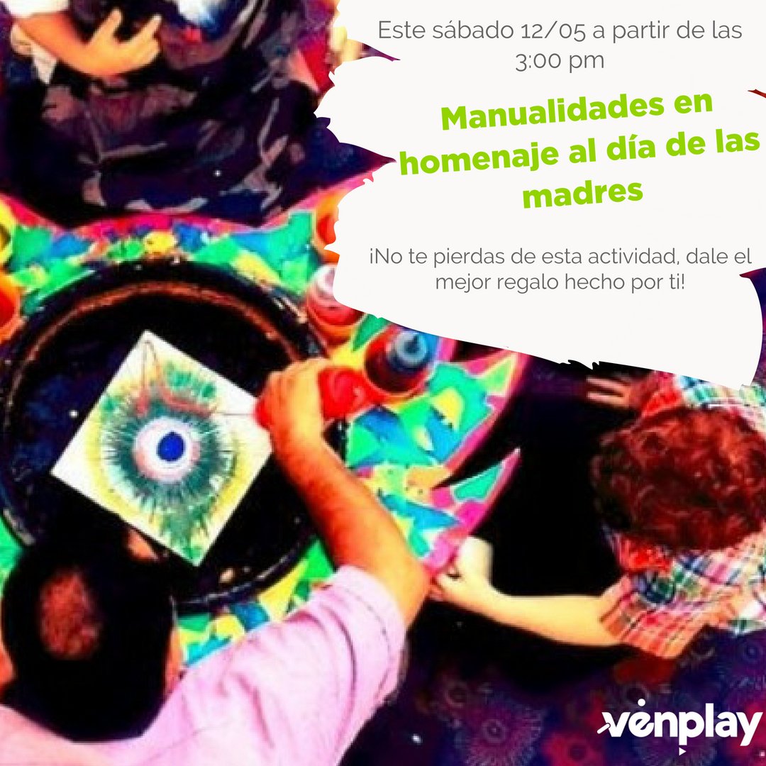 infovenplay's tweet photo. Trae a tu pequeño a disfrutar de esta actividad especial en homenaje al día de las madres.Te esperamos a partir de las 3:00 p.m.

Crea el mejor regalo para este día de las madres.

#venplay #venplayers #diadelasmadres #actividad #manualidades #diversion #cool #enjoy https://t.co/oYIJJ6oFB6