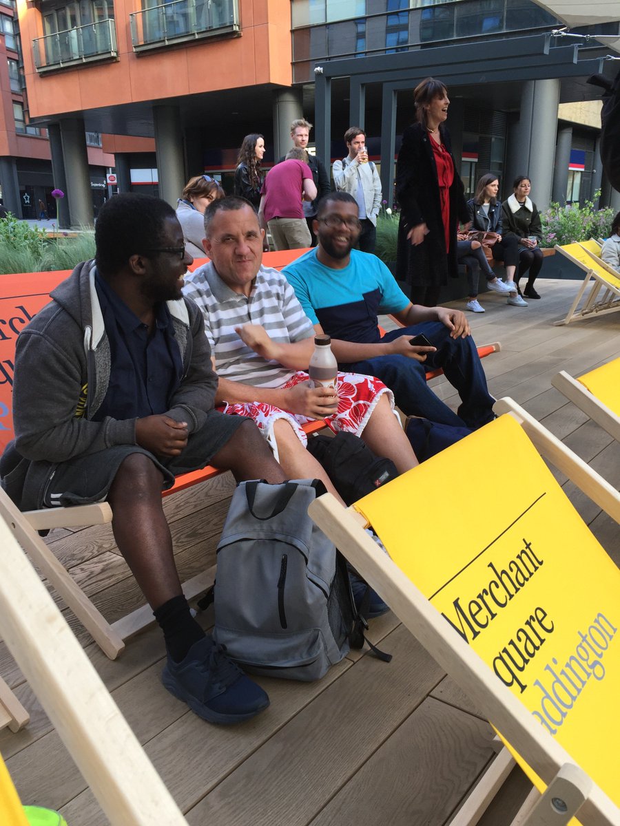 YarrowOpeningD's tweet photo. We had fun lounging on deckchairs and dancing in @merchantsqevent with volunteer @HelReed this evening! For a moment we thought we were in Ibiza 🎶🎵🎶 https://t.co/uy7v8cdnoJ