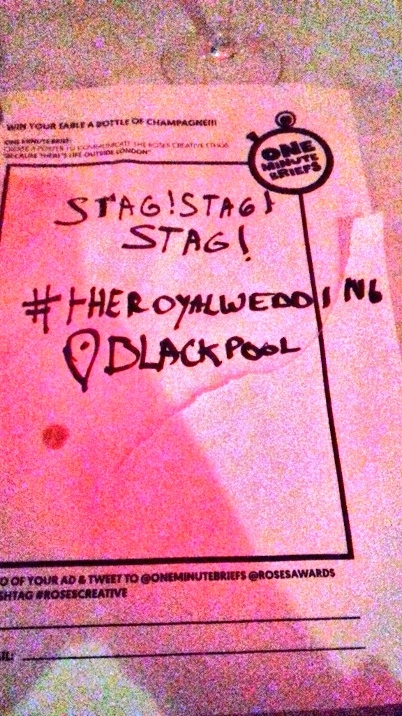 maximgladines's tweet photo. @OneMinuteBriefs @RosesAwards Stag! Stag! Stag! #theroyalwedding  #RosesCreative https://t.co/9n4nJl9HgX