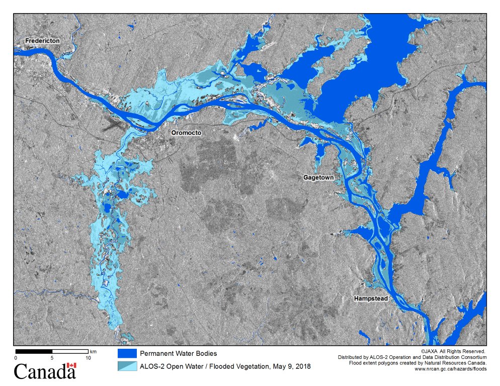 NRCan's tweet photo. Check out #NBFlood’s new open water flood map 🗺️ produced by our Emergency Geomatics Service from ALOS-2 satellite imagery! This cool image is acquired by @csa_asc from @JAXA_en https://t.co/5LrKN533A3