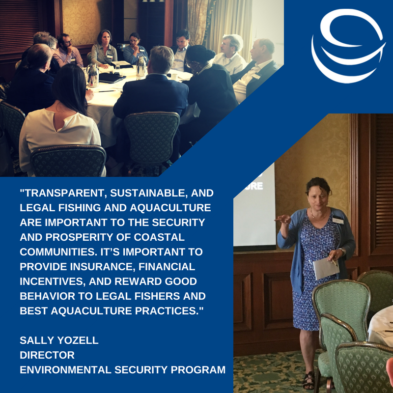 StimsonEnvSec's tweet photo. Our Director Sally Yozell led a discussion at the @OceanRiskSummit on fishing and aquaculture to identify solutions that investors, insurers, & governments can take to reduce #OceanRisks caused by unsustainable and IUU fishing and poor aquaculture practices. https://t.co/gn5oJUkysn