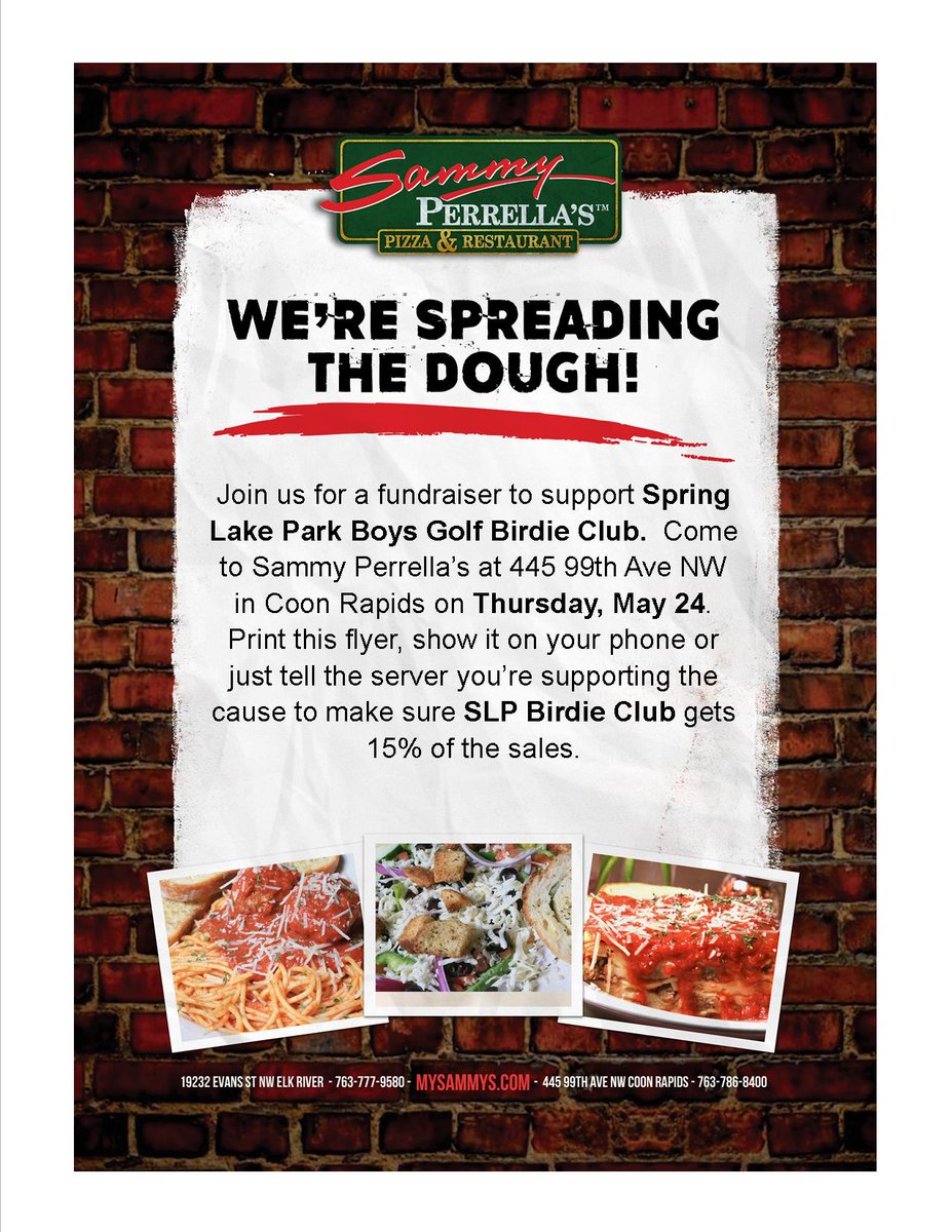 Pleased to announce our first fundraiser for the Birdie Club.  Please come out and support the SLP Boys Golf program and get a great meal at Sammy Perrella's on May 24