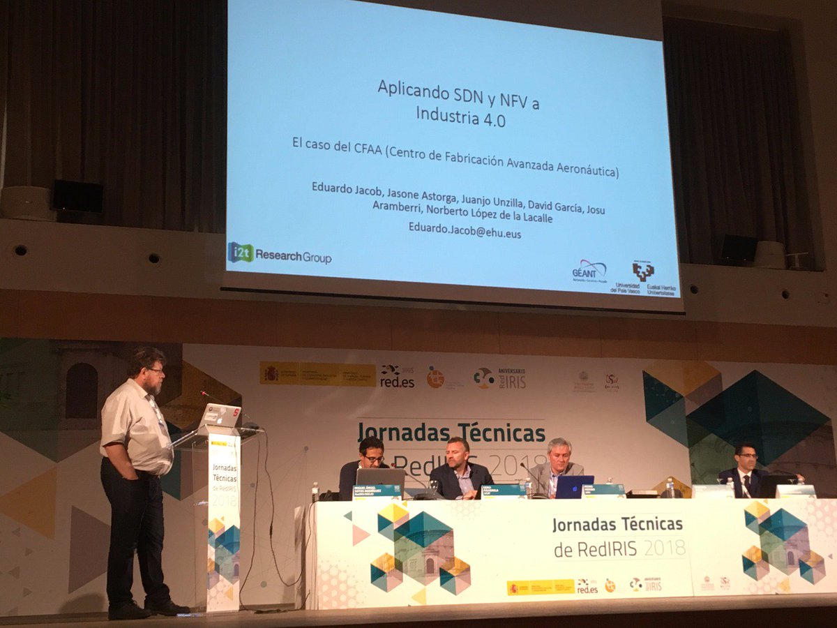 ejacob's tweet photo. Presentando esta mañana en las JT de RedIRIS la integración de SDN y NFV con la Industria 4.0 en el CFAA / Presenting the Integration of SDN and NFV in Industry 4.0 in the AAMC in the Spanish NREN technical workshops. https://t.co/CSKgTsAQ7P