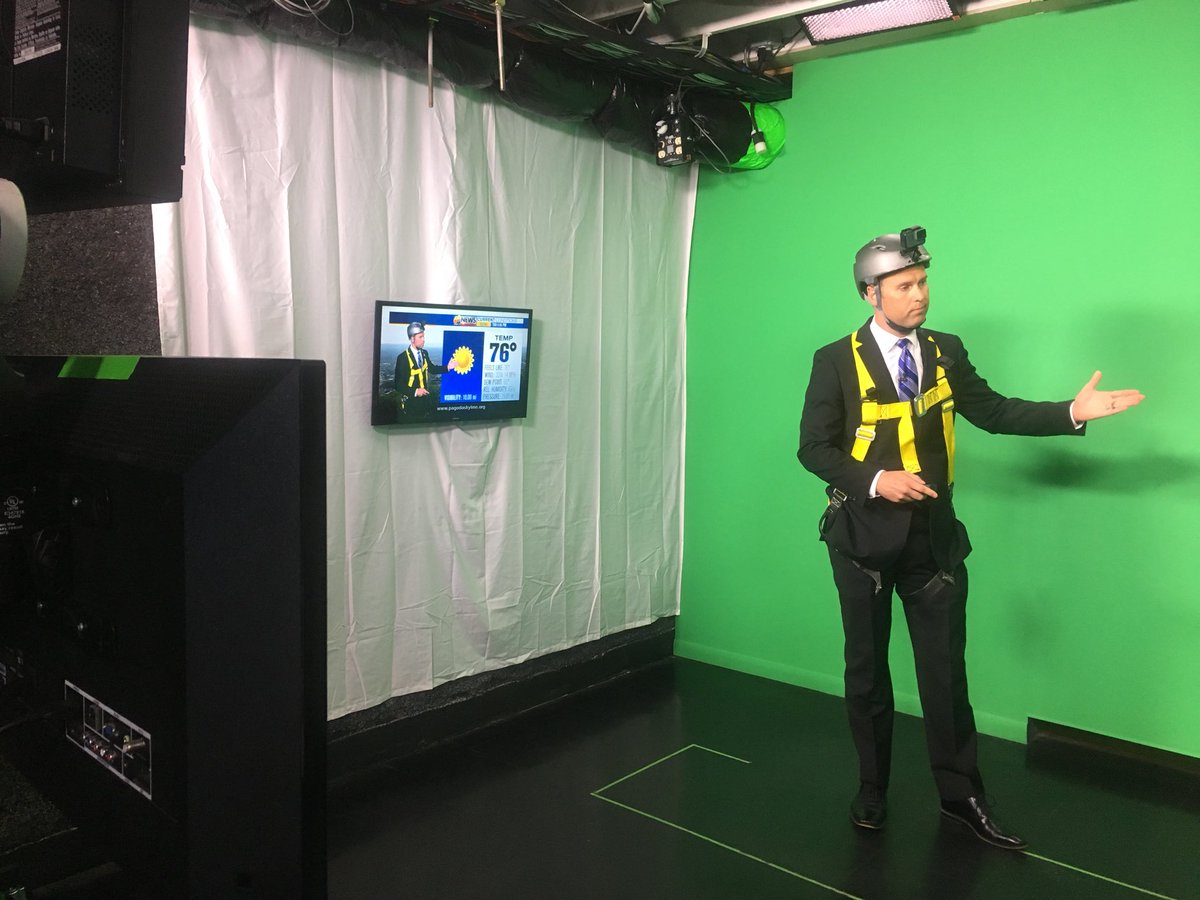 Melanie_Falcon's tweet photo. He’s ready to go over the edge! Check out @MarkShanaberger doing weather in a harness and helmet ahead of tomorrow’s rappelling down #Tower6 for #ValleyOverTheEdge live on #69NewsAt4. @Jaccii will do it too! https://t.co/9D3J3oF0rS