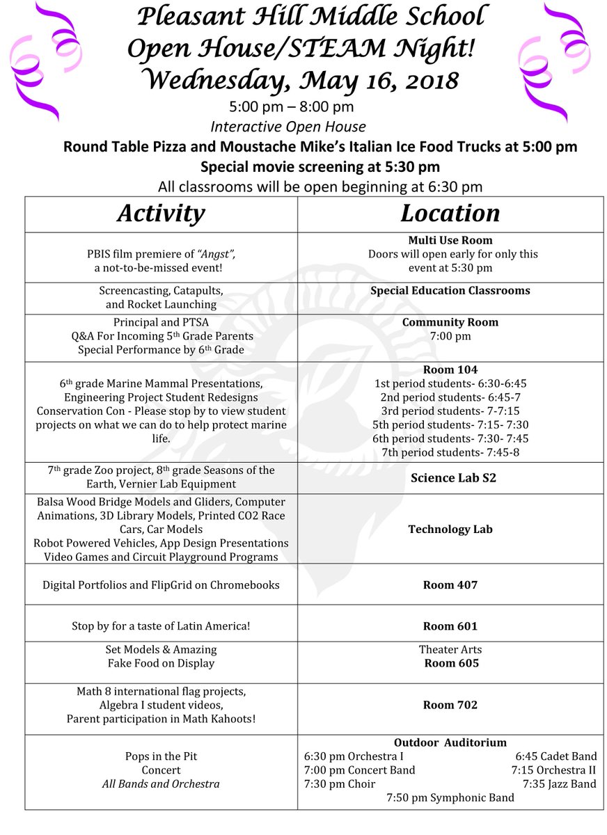 PLHMSYB's tweet image. Open house is going to be fabulous! Come early for pizza, italian ice and a movie, then tour your student&apos;s classrooms all while enjoying the music of our students. 5th graders come on over and check it out too! @PHill_Rams @DanRollPHMS @PleasHillMusic @strandwoodel @PHEdinos