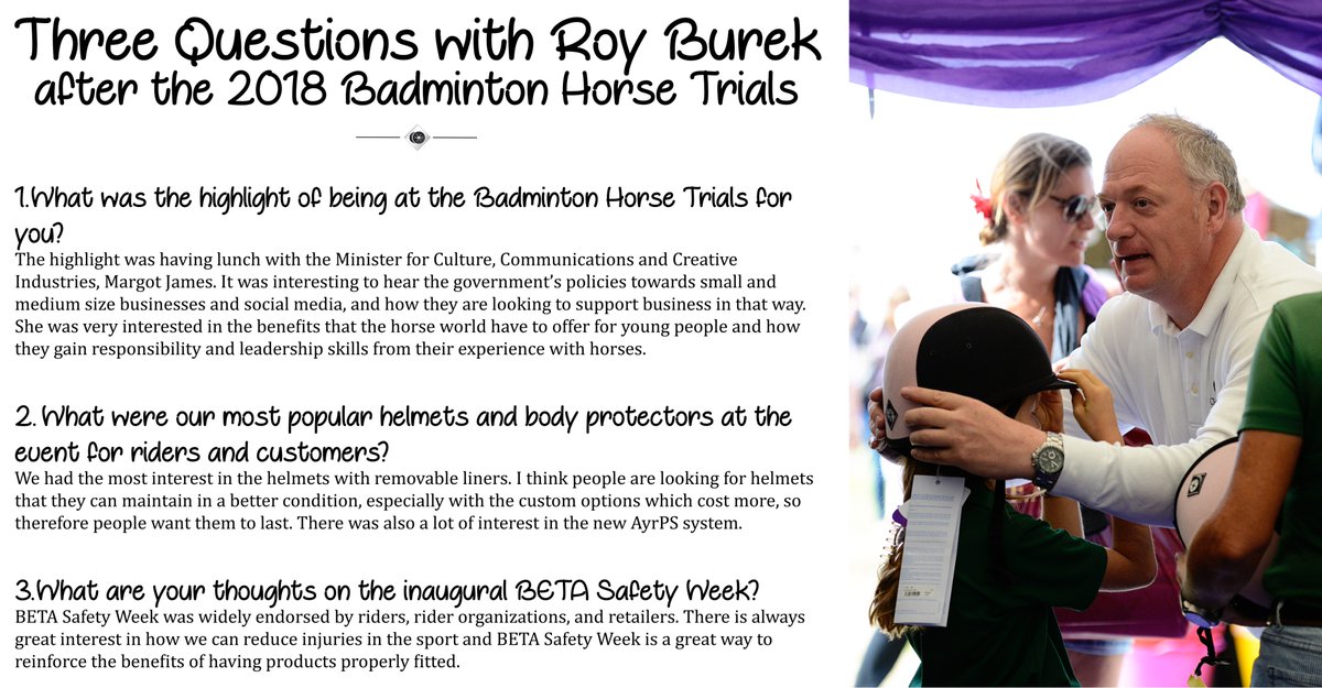 CharlesOwenHats's tweet photo. Check in with our Chairman Roy Burek after the Badminton Horse Trials with this #threequestionthursday! #safety365 https://t.co/QlbWU0mCfy
