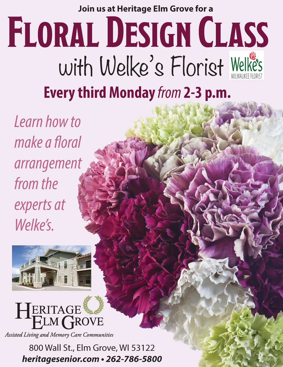 Heritage_Senior's tweet photo. Always wanted to try your hand at #floraldesign? Now’s your chance! Join us at Heritage Elm Grove on Monday to get great #tips from the experts. #flowerpower #flowers #flowerarranging #bouquets https://t.co/BqDo4j0fgr