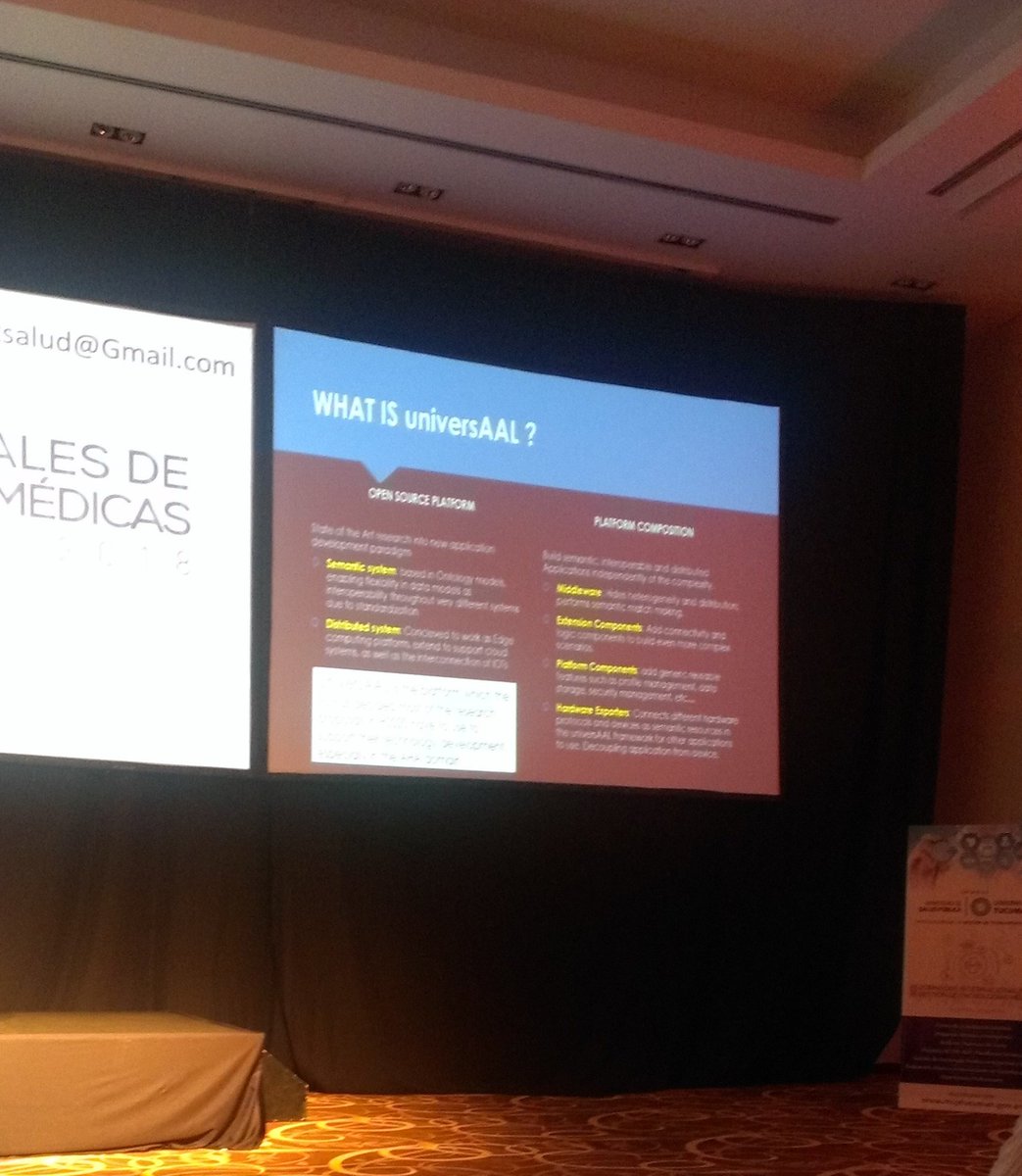 ds_floresf's tweet photo. #tucumantecmed2018 @amedranogil talking about @uAALPlatform, an open source platform to enable IoT through distributed semantic systems. https://t.co/7gdS0AUdIs