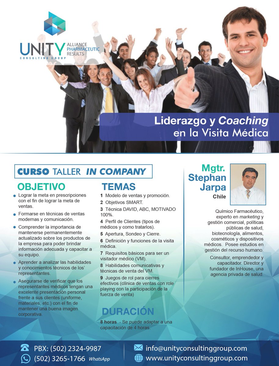 UnityConsGroup's tweet image. Curso Taller IN COMPANY: Liderazgo y Coaching en la Visita Médica
Más información:
info@unityconsultinggroup.com
PBX (502)2324-9987
WhatsApp (502) 3265-1766
lnkd.in/dNWdQpS
#PharmaWeek #Unity #VisitaMedica