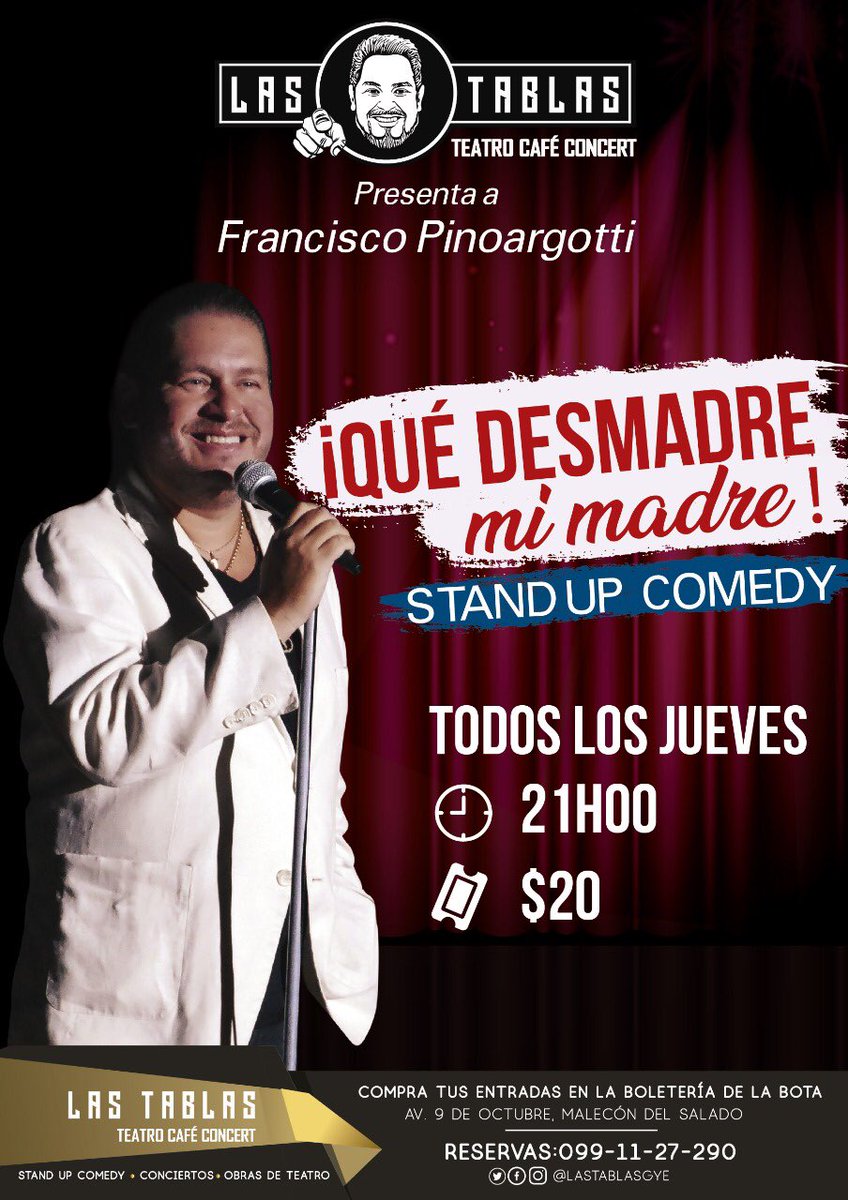 MasterBandEC's tweet photo. HOY ESTRENO 
👉 Francisco Pinoargotti (@fcopinoargotti) y su #StandUpComedy QUÉ DESMADRE MI MADRE 🤣 Ven a #LasTablas y celebra a mamá con muchas risas, música y diversión 🙌
✅ STAND UP COMEDY
📆 JUEVES 10
⏰ 21H00
🎟 $20
☎️ RESERVAS AL 099-11-27-290 (llamada ó whatsapp) https://t.co/HE6fQd8FAl