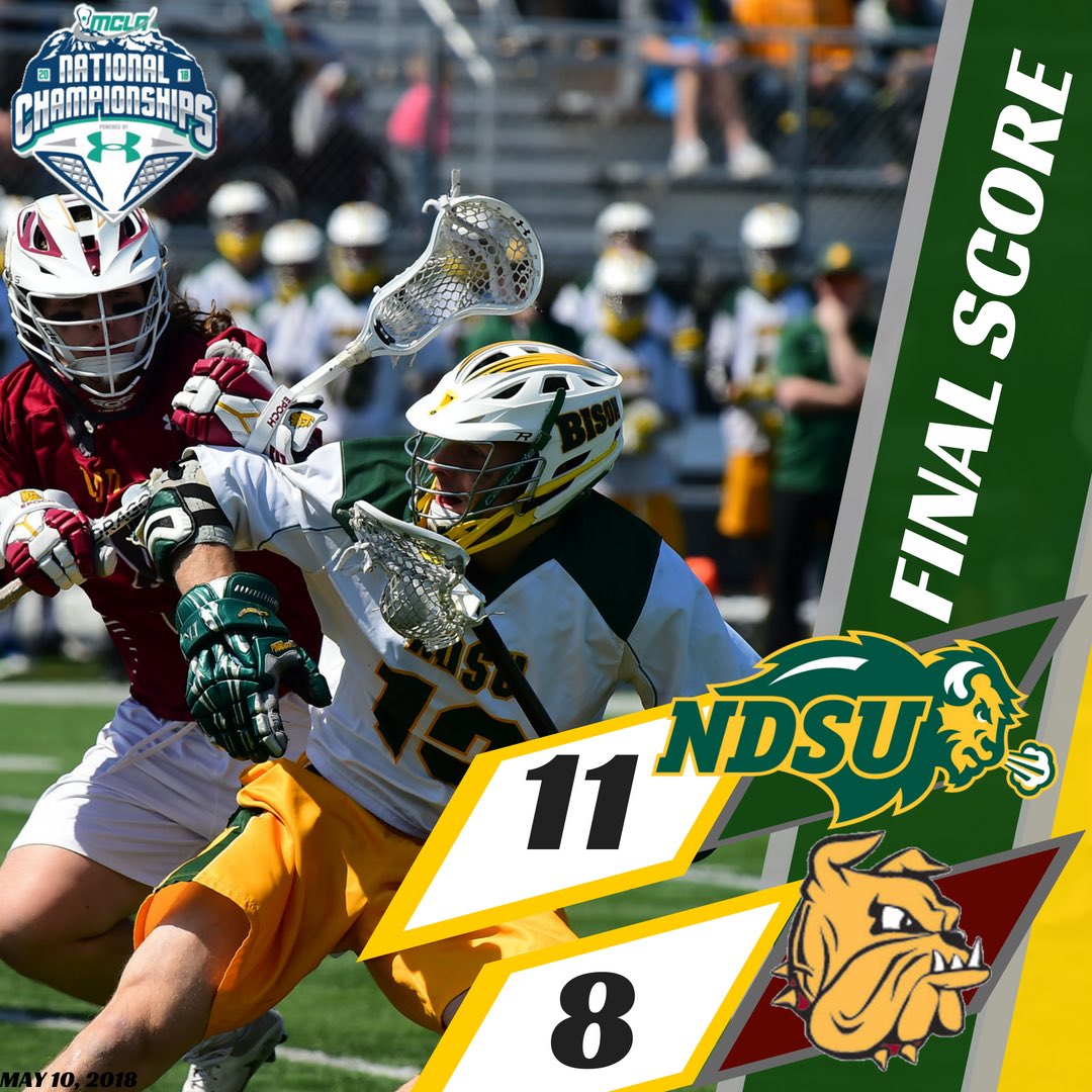 NDSUMensClubLax's tweet photo. FINAL SCORE: #BISON 11 - #BULLDOGS 8!!!! THE HERD IS HEADING TO THE 2018 #MCLA NATIONAL CHAMPIONSHIP FOR THE FIRST TIME IN PROGRAM HISTORY!!! #GoBison !!! #SKIYUH🤘🏽 https://t.co/Tg3oUVuem1