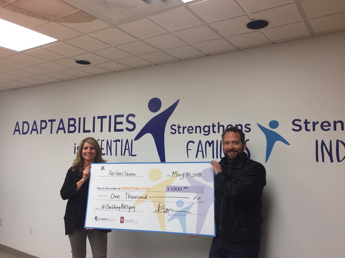 AdaptAbilities's tweet photo. Huge thanks to @AlairEdmonton and their team for a fantastic #BuildingARTyeg event two weeks ago! They generously donated the proceeds from their live art raffle to AdaptAbilities - $1000 goes a long way to purchasing art supplies! #growsucceedbelong #inclusion https://t.co/9mDVenvfZk