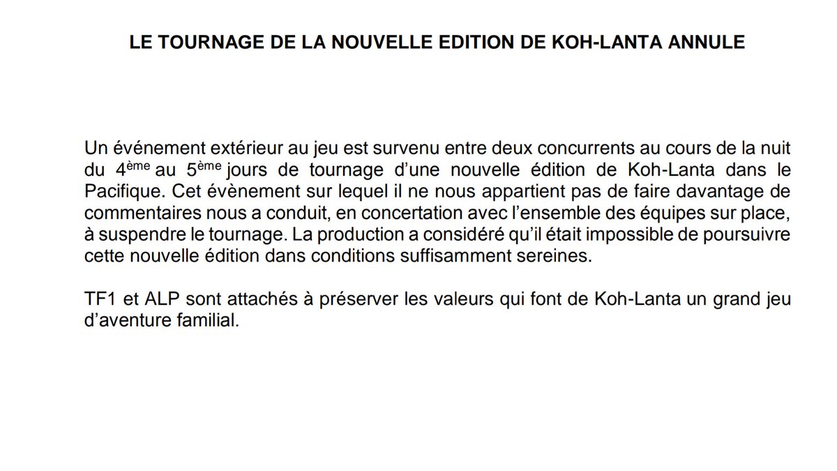 DamienMercereau's tweet photo. #KohLanta Le tournage de la prochaine saison arrêté selon un communiqué d'ALP https://t.co/lZqYzC1KvS