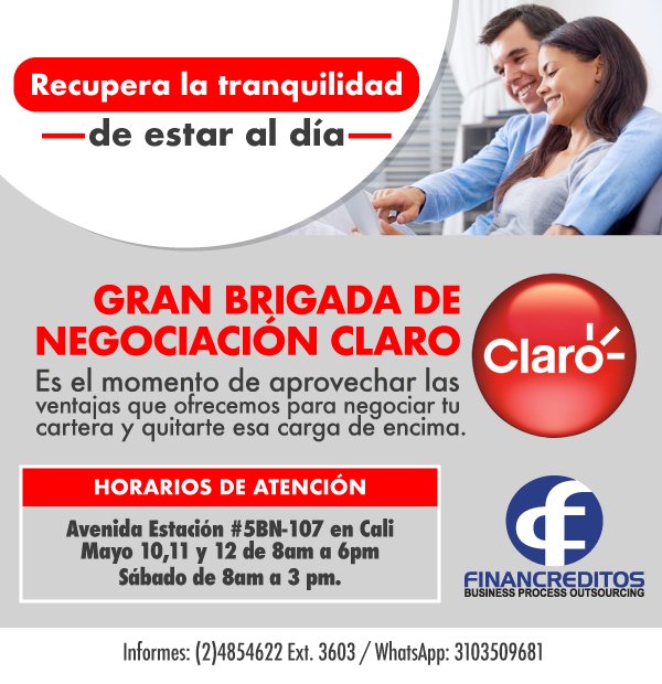 Financreditos's tweet photo. #2Palabras ¡Al día! Por eso aprovecha esta oportunidad de ponerte al día con @ClaroColombia y quitarte esa carga. #CaliCo #Colombia https://t.co/gRh5paaygM