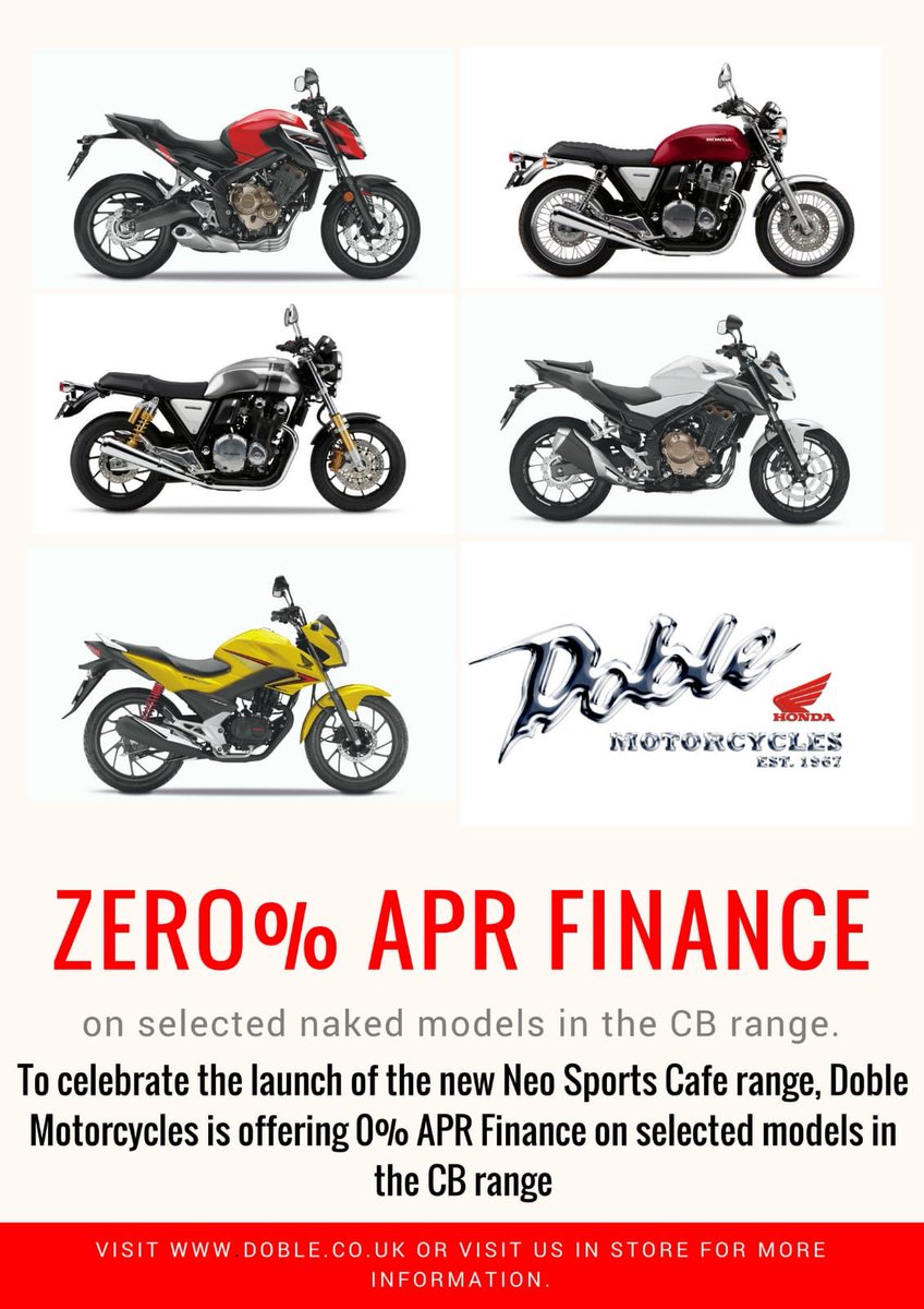 DobleHonda's tweet photo. To celebrate the new @HondaUKBikes Neo Sports Cafe range, Doble Motorcycles is offering 0% APR finance across a selection of the range.
Terms and conditions apply, subject to status.
For more information contact us on 0800 975 2669
#CBcool
#WeAreBikers https://t.co/GuXpG4C6pL