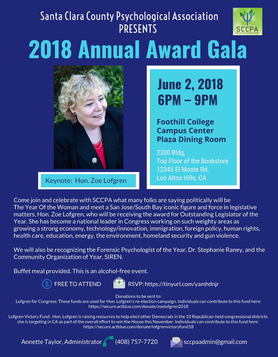 Join us to honor Congresswoman <a href="/ZoeLofgren/">Zoe Lofgren</a> on June 2 as the Outstanding legislator of the year, Dr. Stephanie Raney as Forensic Psychologist of the Year. and Siren-bayarea.com for Outstanding Community Agency of the Year. RSVP here sccpa.clubexpress.com/content.aspx?p…