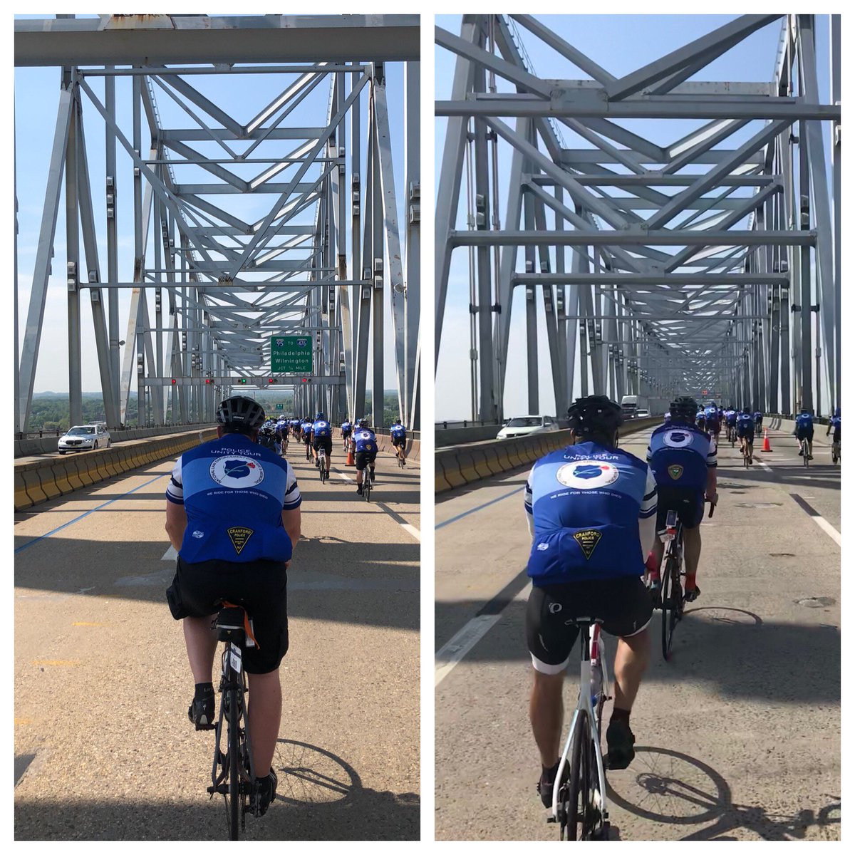 CranfordPD's tweet photo. Detective Farbanec and Captain Patterson crossing the Commodore Barry Bridge earlier today. #UnityTour2018 @NLEOMF https://t.co/drYYBh9Tun
