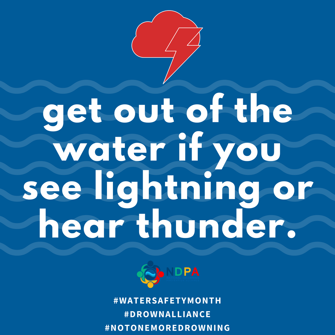 drownalliance's tweet photo. Water Safety Month tip of the day! Get out of the water if you see #ightning or hear Thunder. Check @NWS for real time #weather updates. #WaterSafetyMonth #watersafety #drowningprevention #poolsafety https://t.co/zIRt6p9W8f