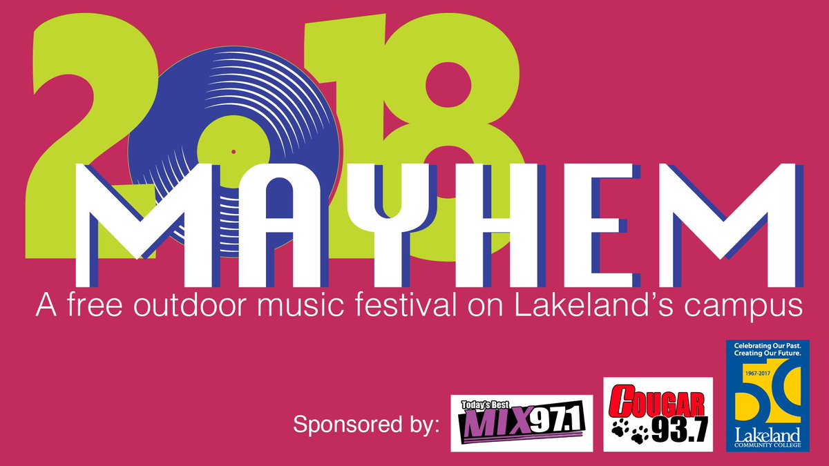 LakelandCommCol's tweet photo. Mayhem is coming up this Saturday on campus. It's a free concert, open to the public featuring three local bands, plus we'll have food trucks and a cash bar serving beer and wine. This is a family-friendly event, and parking on campus is always free! https://t.co/yIvRvK7OxZ https://t.co/10wnRb4mvf