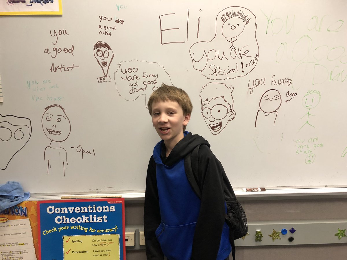 MrsHarris4K4C's tweet photo. VIP today! #countdowntosummer @RStar512 @theSMSD He is our class artist and drew himself today! π #5HRocks https://t.co/2fkS7TI7po