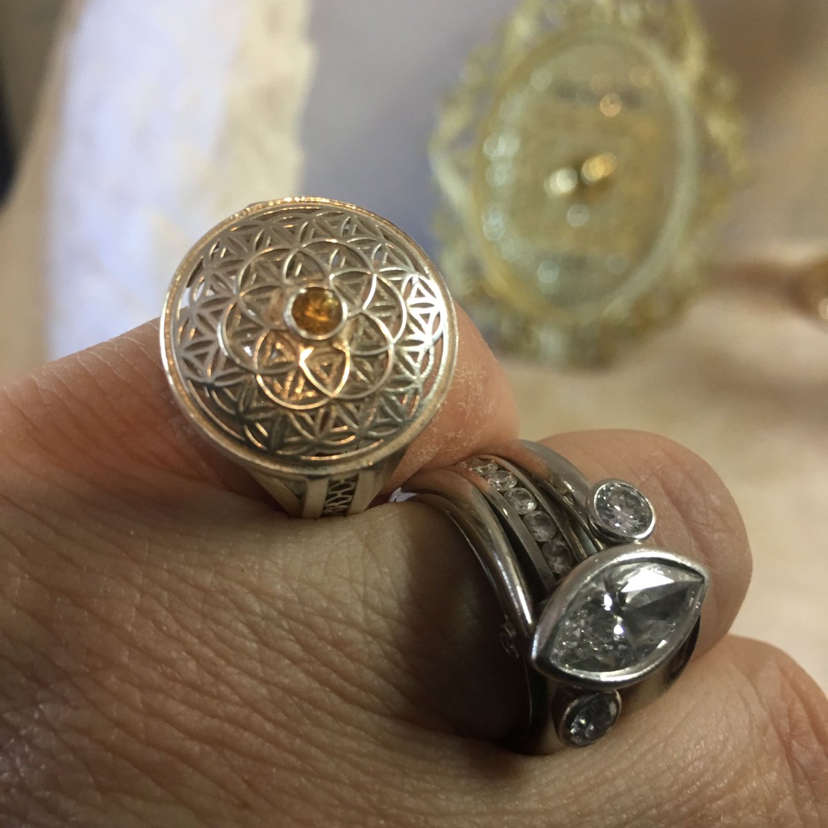 staceycaron's tweet photo. Citrine sits in the center of our Manifestation Ring.  #SacredGeometry #TheSacredG #SterlingSilver #CitrineRing #Manifestation https://t.co/LnXDTCK9bM