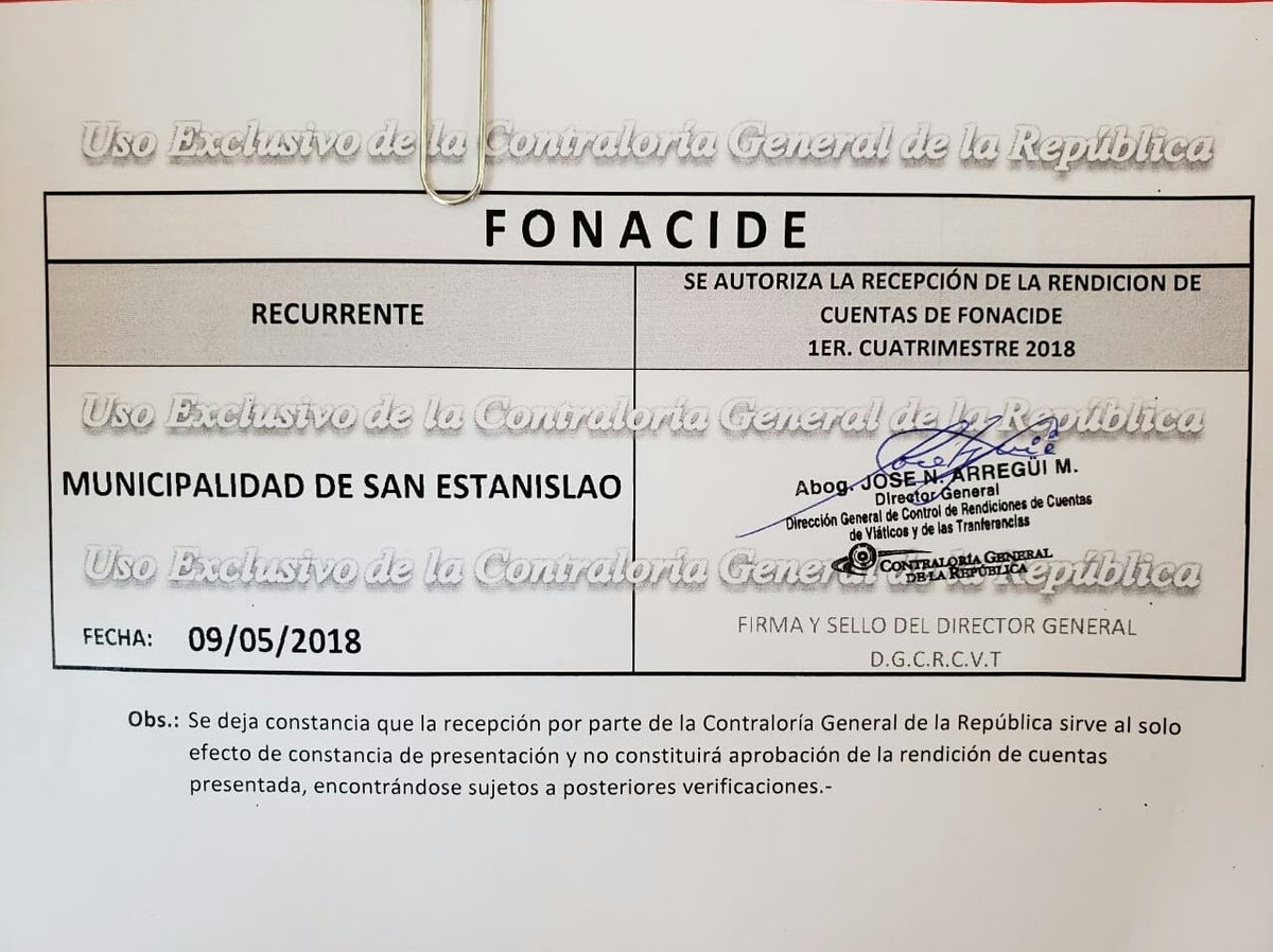 DeSantani's tweet photo. Con mucho orgullo la Municipalidad de San Estanislao ha presentado la Rendición de Cuentas Primer Cuatrimestre 2018 en tiempo y forma, el cual ha sido recepcionado sin observaciones por la @contraloriapy. 
#VamosSantani https://t.co/AMsFSzX3t4