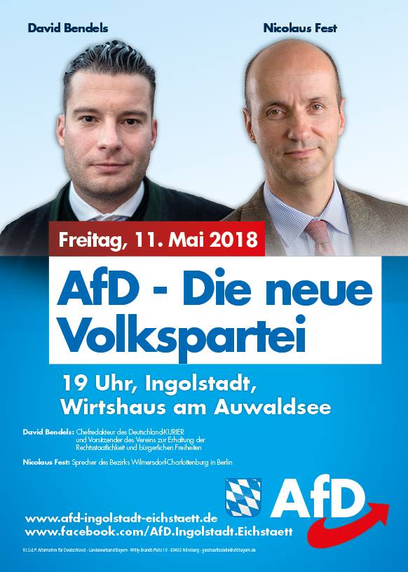 AfD_KV_IN_EI's tweet photo. Erinnerung: Am Freitag, den 11. Mai, findet eine Veranstaltung mit @Nicolaus_Fest und @David_Bendels statt! Einlass 18:30 Uhr, Beginn 19 Uhr.
#AfD #Ingolstadt
#Mörnsheim
#Dollnstein
#Wellheim
#Schernfeld
#Pollenfeld
#Titting
#Walting
#Adelschlag
#Nassenfels
#Egweil
#Buxheim https://t.co/Tb5nyGx7Jp