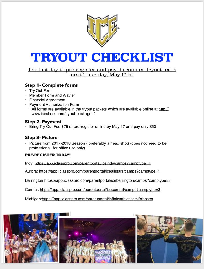 ✅ List before tryouts 💙💛 Make sure you have these completed before the big day to avoid long lines and waiting! #ICEempire #goldblooded #teamice #tryouts #cheertryouts #iceallstars #iceindy #iceaurora #icecentral #icemichigan #icebarrington