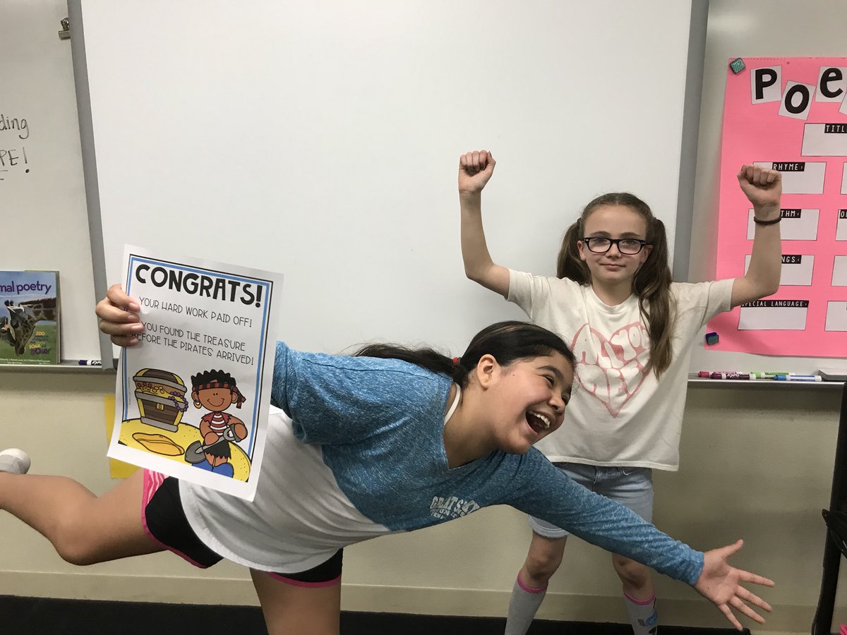 williamscubs's tweet photo. These two are celebrating their success in our escape room challenge to reach the treasure!  #ccescubs #3rdgrade #STAARready #learningisfun https://t.co/KZWrAeMLp3