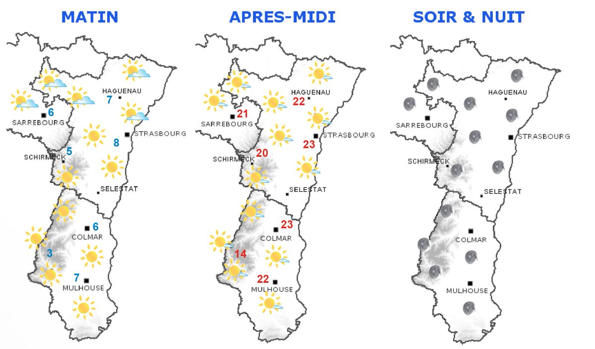 manutopmusic's tweet photo. #meteo #Atmorisk Un peu de brouillard par endroit ce matin, mais ensuite place au soleil. Matin : 8 à 12° Après-midi : 21 à 23° Week-end :
Beau et chaud demain jusqu’à 25°...mais des averses orageuses sont attendues en soirée. Dimanche pluvieux et frais #Alsace https://t.co/gaPYtpHPTi