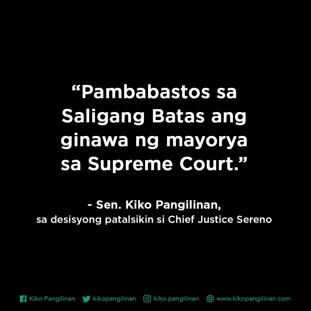 kikopangilinan's tweet photo. Pambabastos sa Saligang Batas ang ginawa ng mayorya sa Supreme Court. Tama ang posisyon nung anim. Hindi dahil mas maraming pabor sa pagpapatalsik ay tama ito -- kawalan ng respeto sa ating Saligang Batas ang ipinakita nung mayorya. https://t.co/itVF7kQKqk